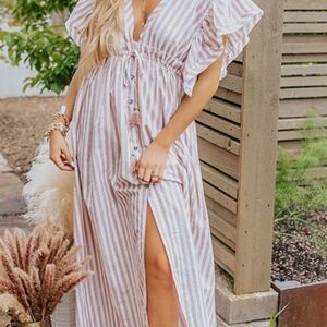 Aakaa White and Pink Ruffled Maxi Sundress